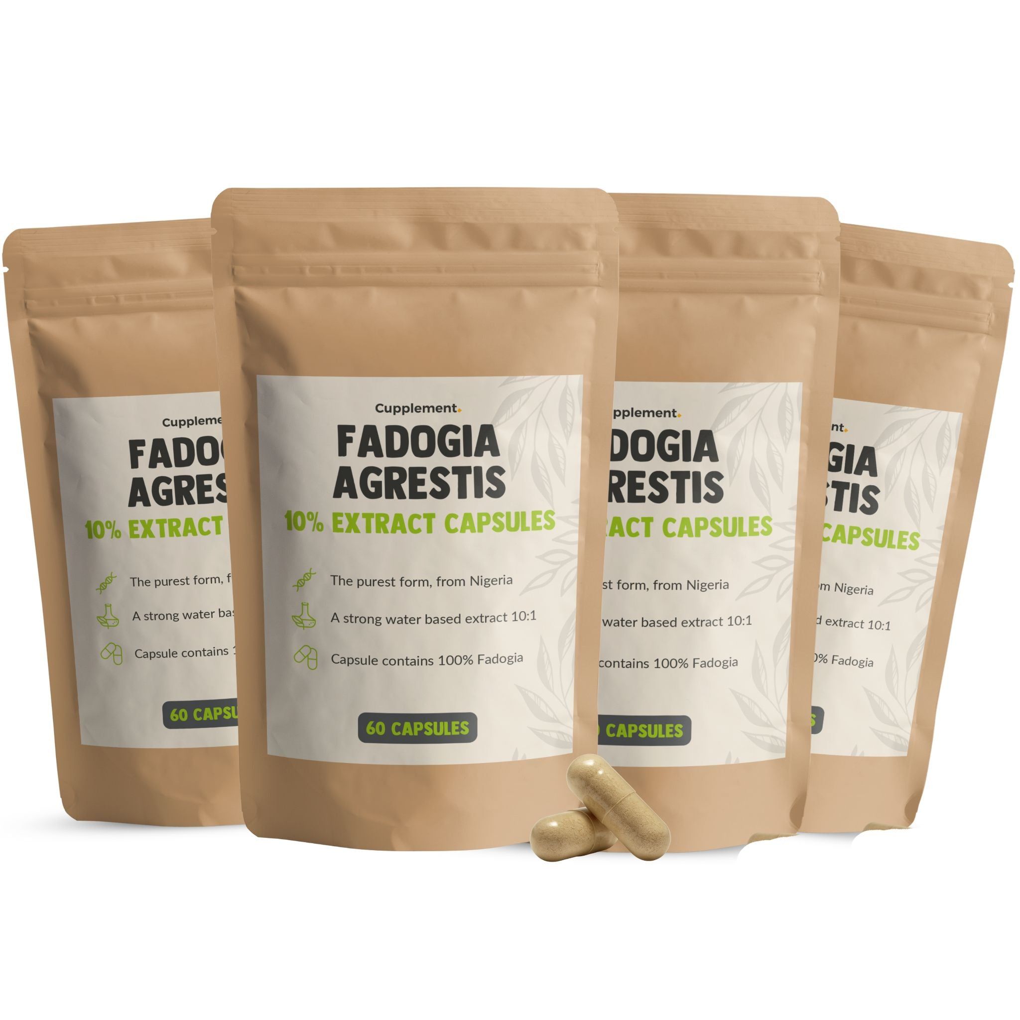 Zakjes met capsules. Opschrift: Fadogia Agrestis 10% Extract Capsules. 60 capsules. Bruine capsules ernaast.