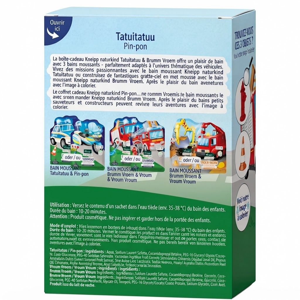 Emballage individuel motif police, Kneipp naturkind Tatütata bain moussant.