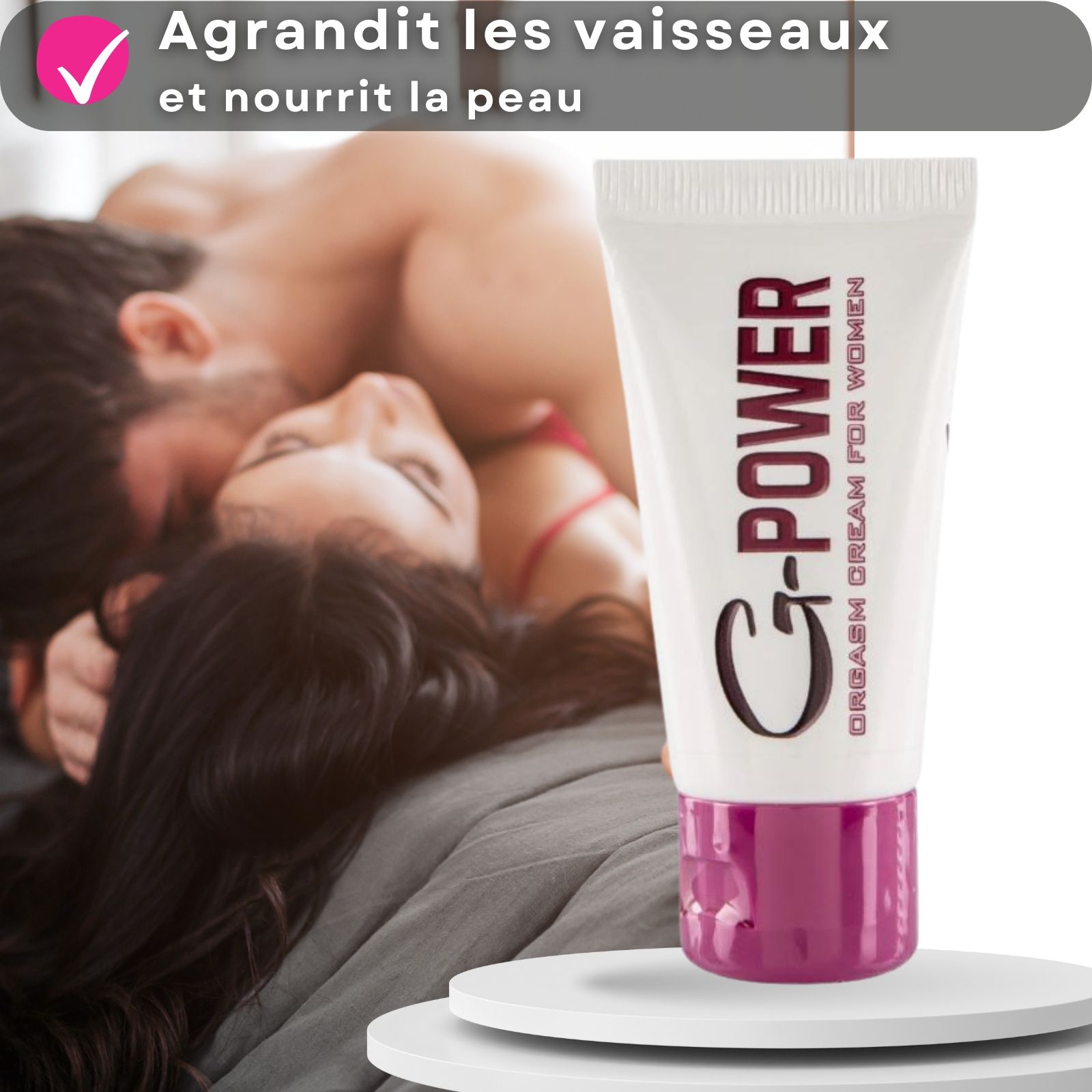 Tube de crème G-POWER. Texte: Crème orgasmique pour femmes. Couleurs rose et blanc. Couple en arrière-plan.