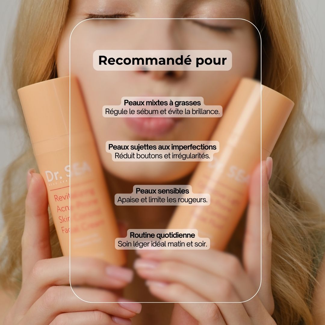 Deux tubes de crème. Texte : Peaux mixtes à grasses, peaux à imperfections, peaux sensibles, application quotidienne.