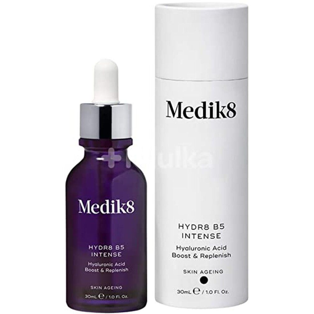 Flacon violet et emballage blanc. Logo Medik8 et nom du produit. Texte : HYDR8 B5 INTENSE, Skin Ageing.