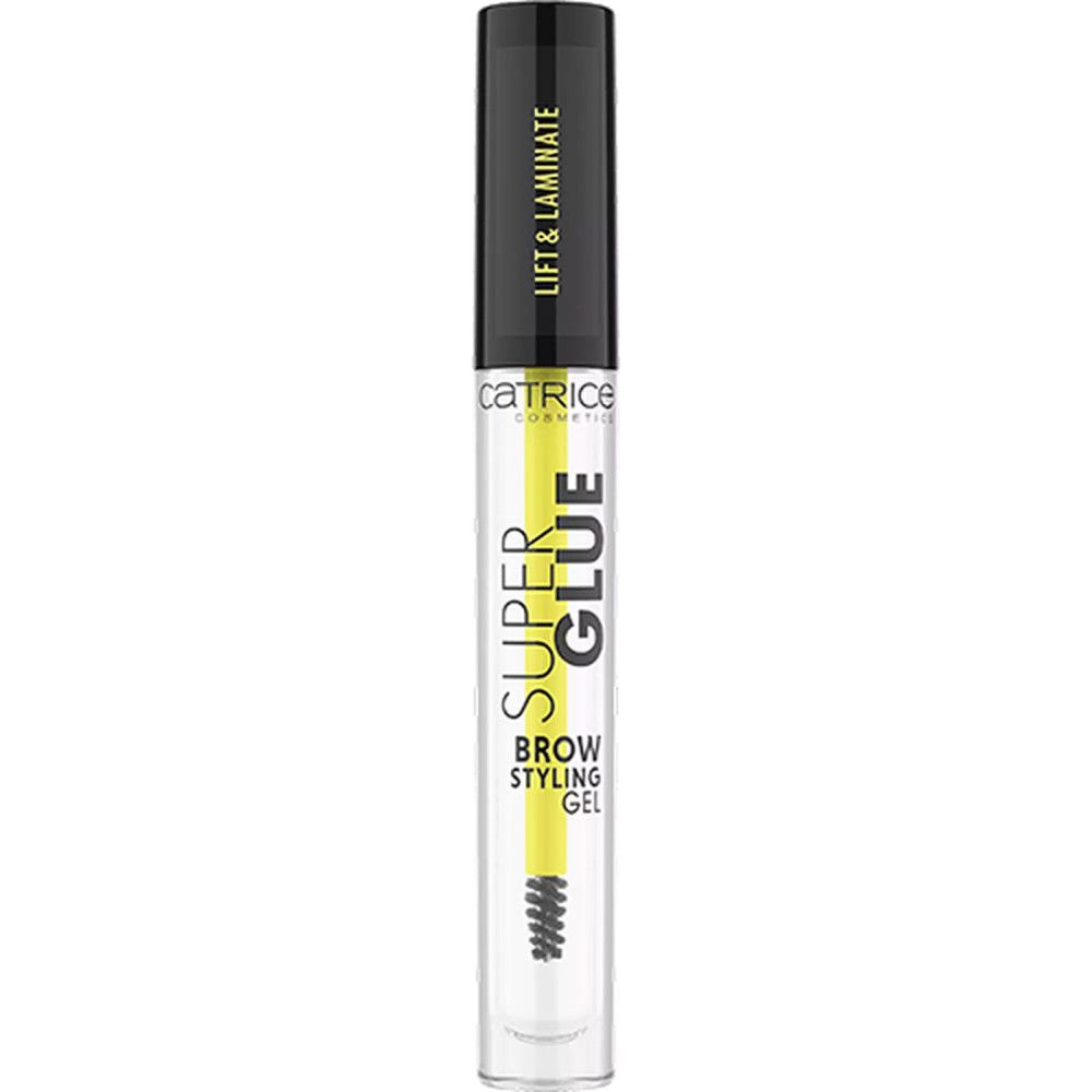 Gel coiffant pour sourcils transparent avec brosse. Bouchon noir, tige jaune. Inscription: Super Glue, Brow Styling Gel.
