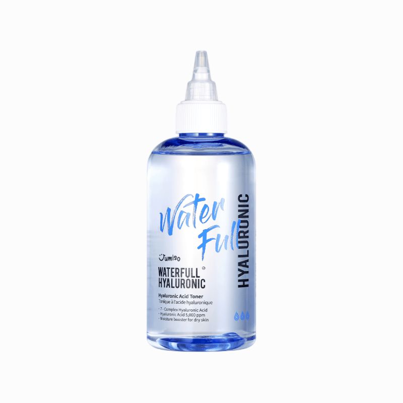 Transparante toner in fles met blauwe dop en opschrift Water Full Hyaluronic. Merk JUMISO.