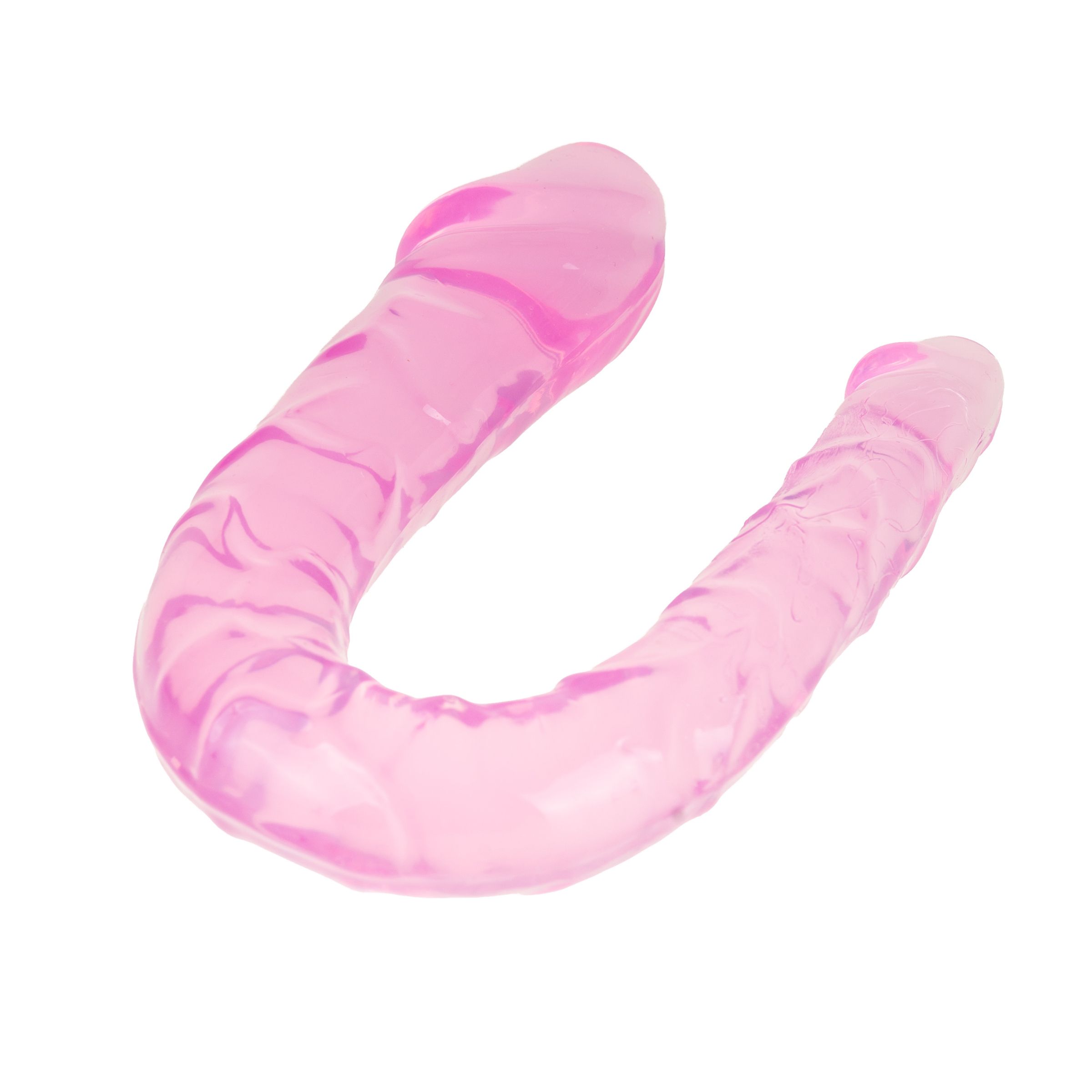 Roze, U-vormig intiem product. Twee uiteinden met verhoogde details. Op witte achtergrond.