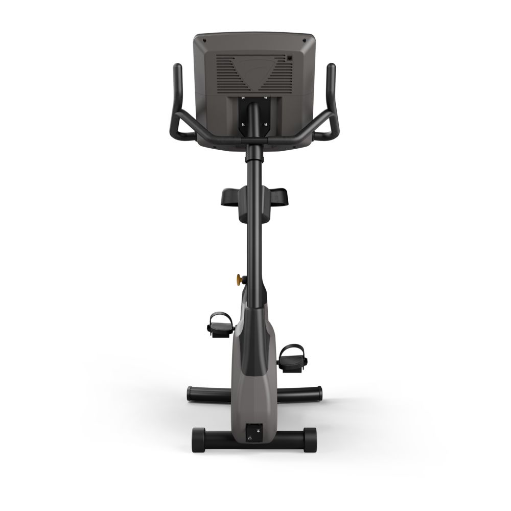 Hometrainer, achteraanzicht. Grijs frame, pedalen, stuur en console. Zwarte handgrepen, display.