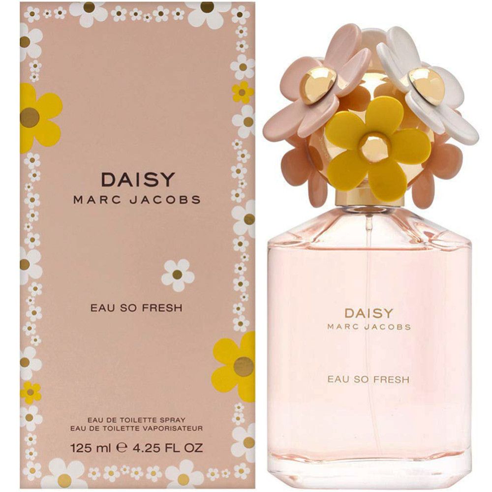 Roze fles met bloemenkap en doos. Opschrift: DAISY MARC JACOBS, Eau So Fresh. Doos met bloemenpatroon.