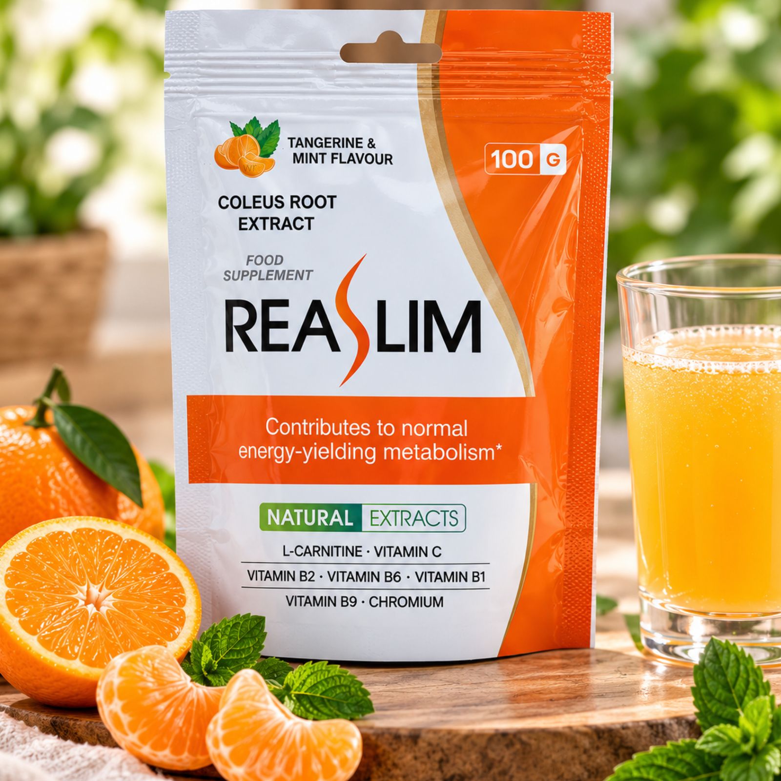 ReaSlim zakje van 100g, mandarijn & munt smaak. Bevat Coleus wortelextract, L-Carnitine, vitaminen.