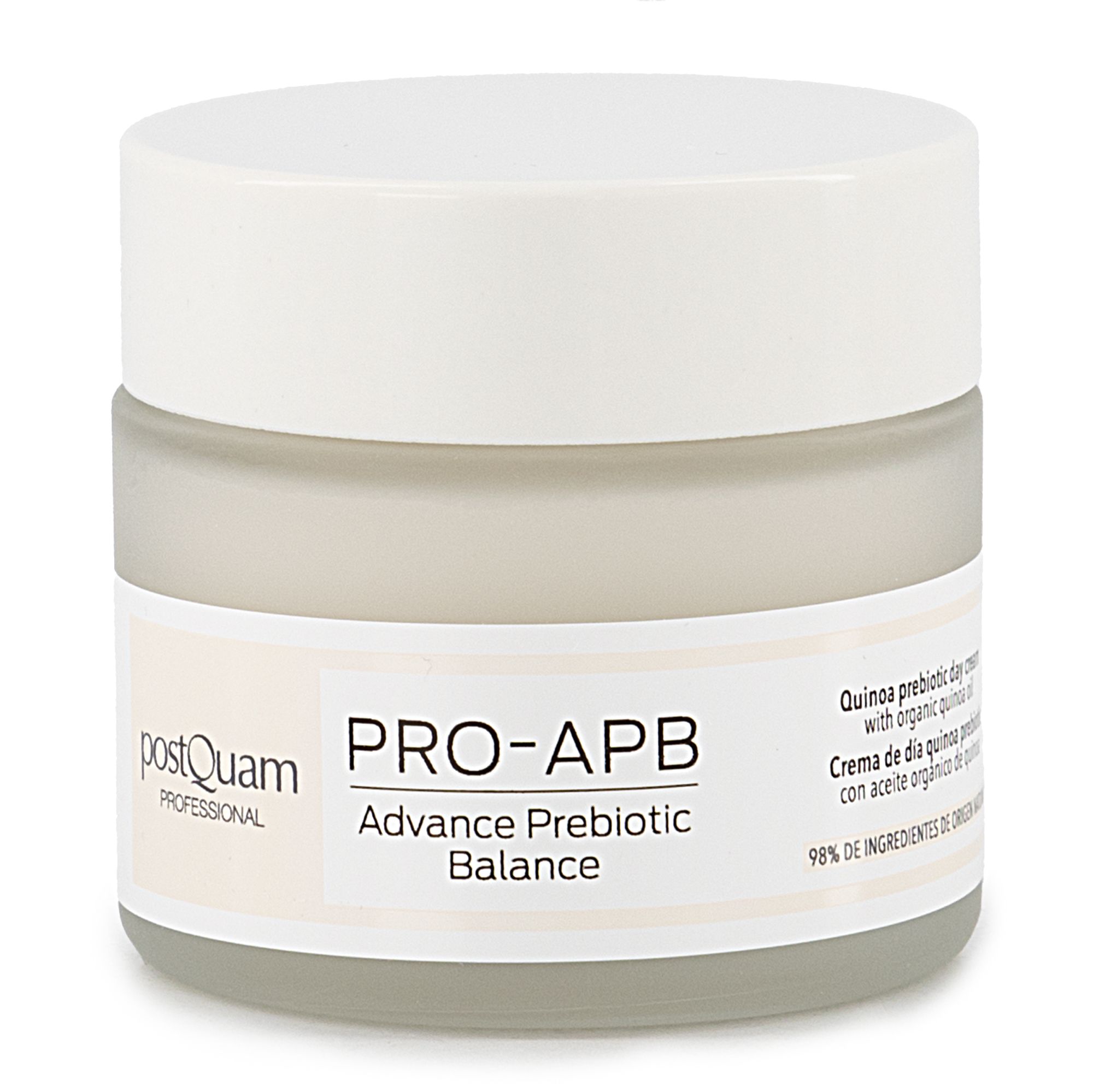 Crèmepot met deksel. Opschrift: PRO-APB Advance Prebiotic Balance. Merk: postQuam. Tekst: Quinoa prebiotic day cream.