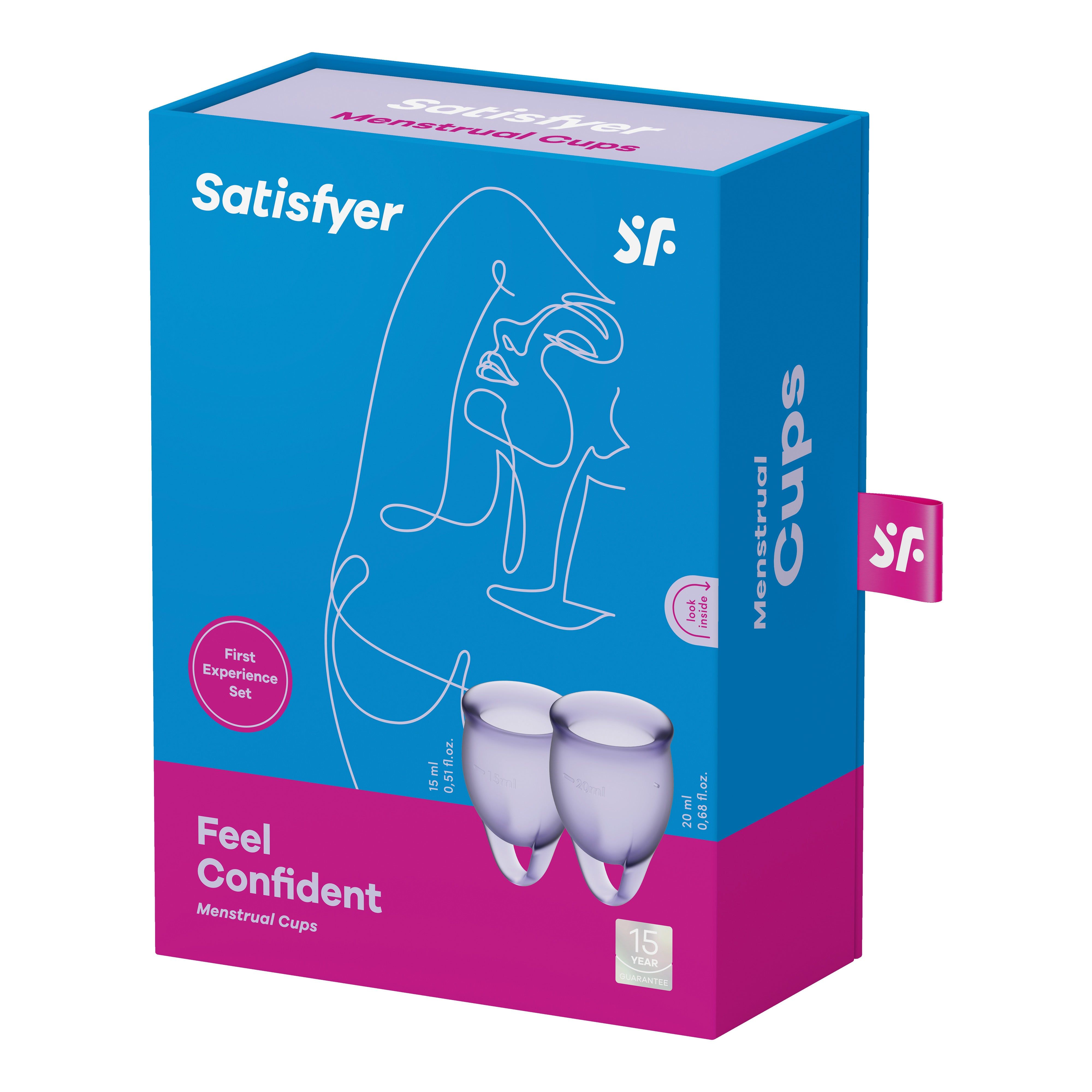 Emballage des coupes menstruelles Satisfyer. Boîte bleue avec image et texte du produit.