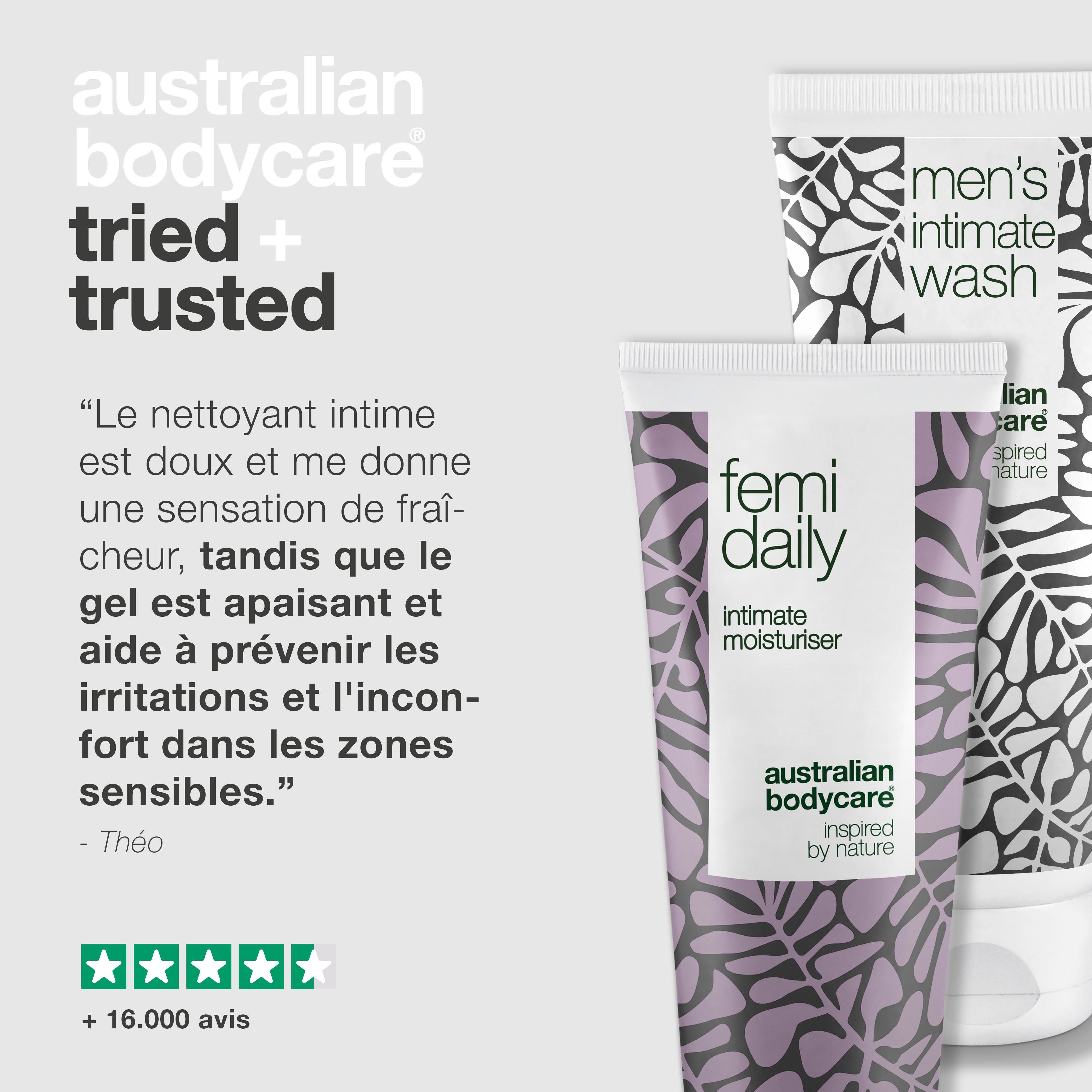 Gel lavant intime et hydratant. Citation et évaluation par étoiles. Texte : Tried + Trusted.