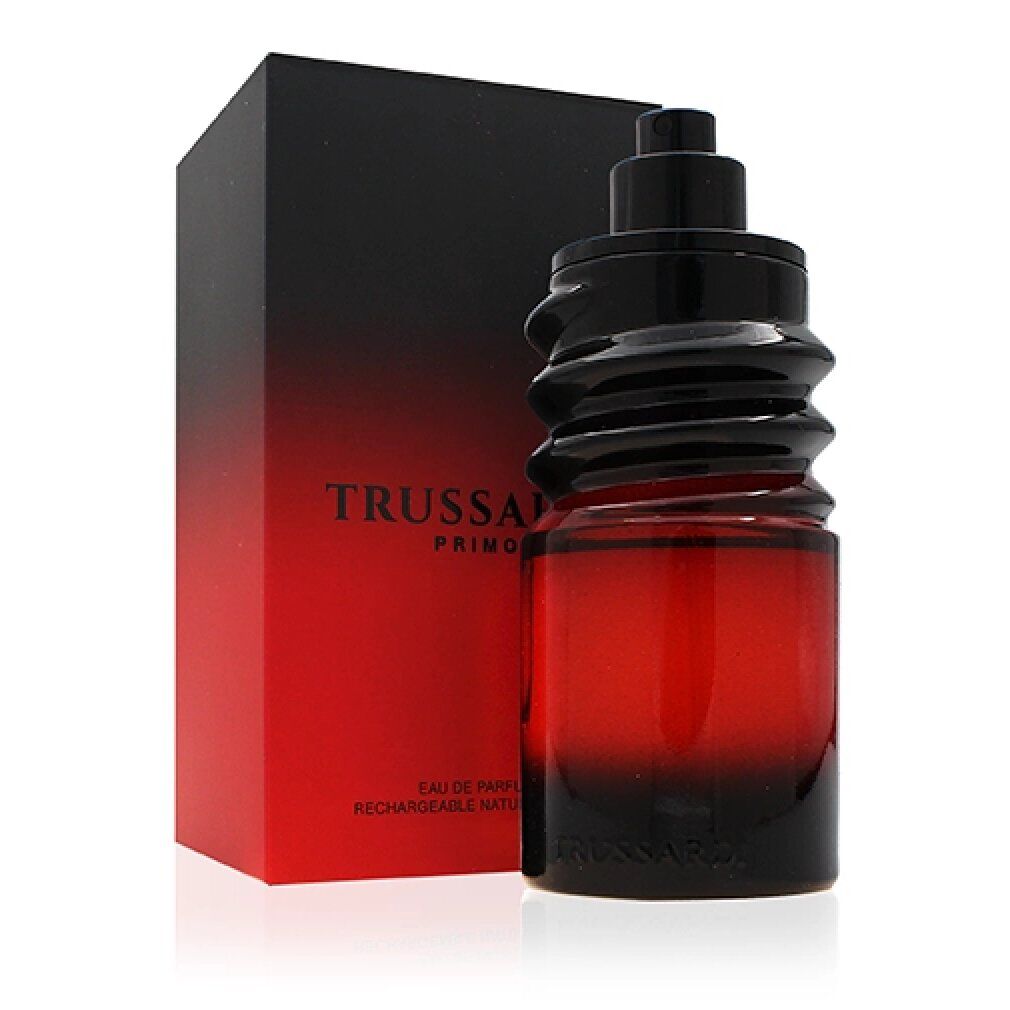 Flacon et emballage. Flacon cylindrique noir-rouge. Emballage noir-rouge avec "TRUSSARDI PRIMO".