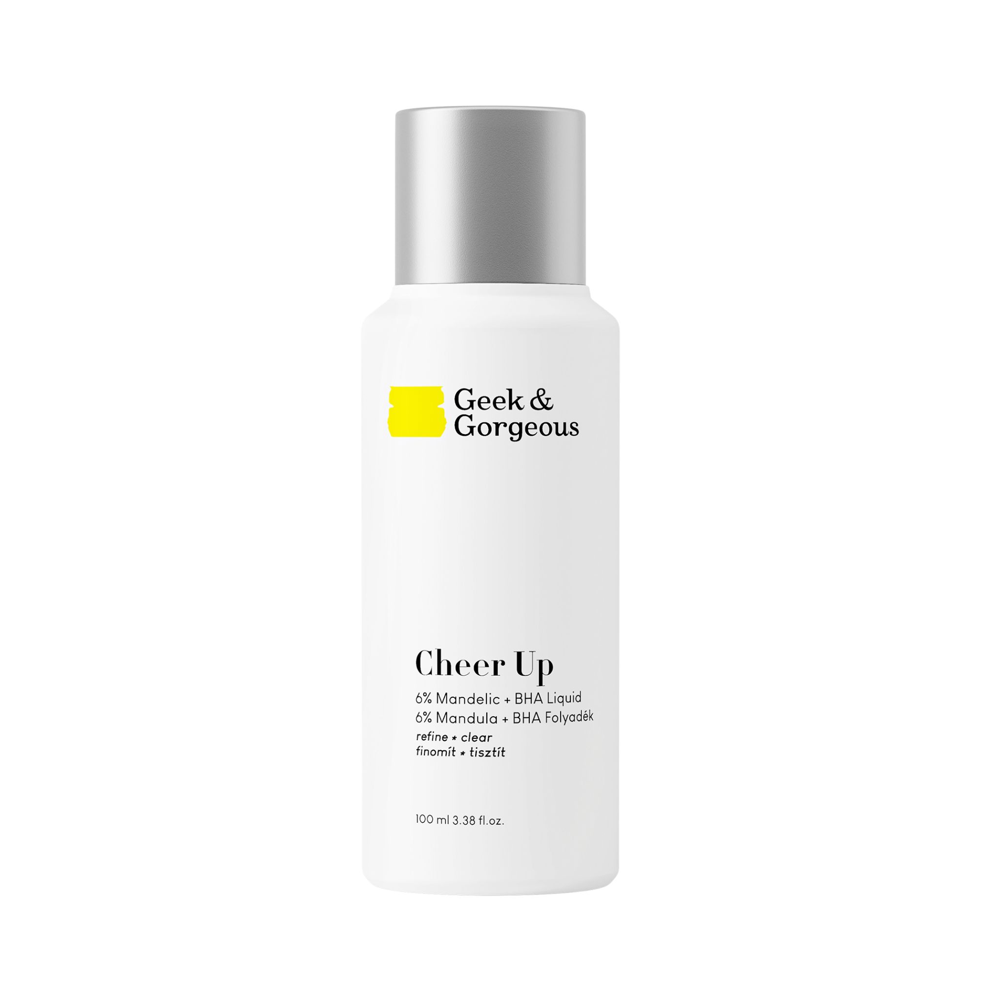 Flacon blanc avec accent jaune. Nom du produit : Cheer Up. Texte : Geek & Gorgeous. 100 ml.