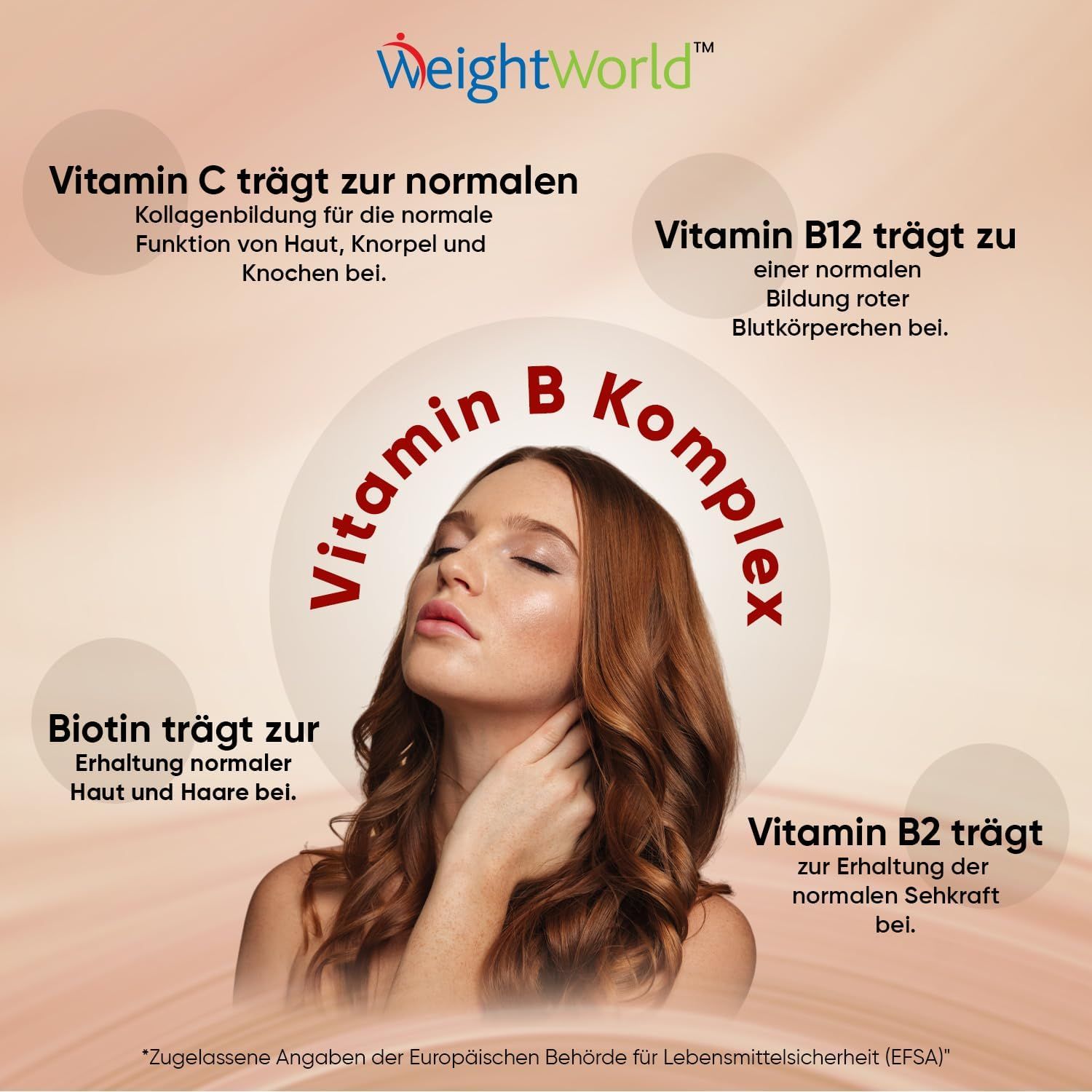 Femme aux yeux fermés. Texte : Vitamine B Complexe. Vitamine C pour la peau, le cartilage et les os. Biotine pour la peau et les cheveux.