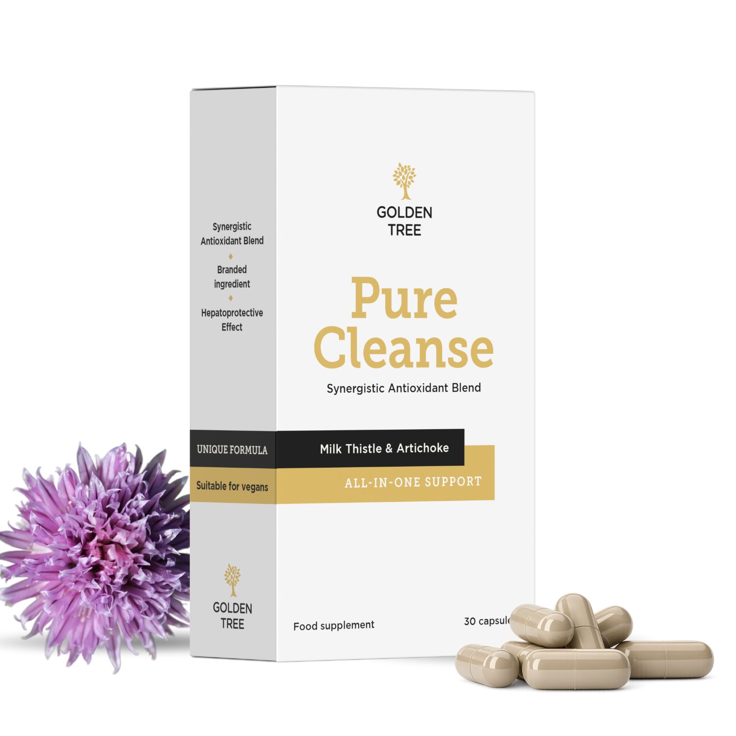 Emballage Golden Tree Pure Cleanse avec capsules et fleur.