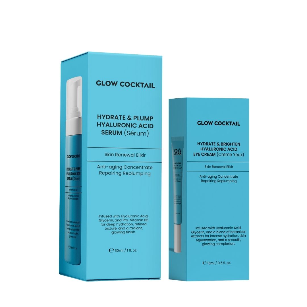 Deux boîtes bleues. À gauche, sérum avec texte. À droite, crème pour les yeux avec texte. Texte blanc.