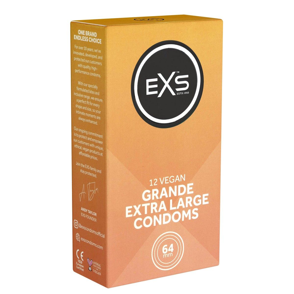 Boîte de 12 préservatifs EXS Grande Extra Large, véganes, largeur 64mm.