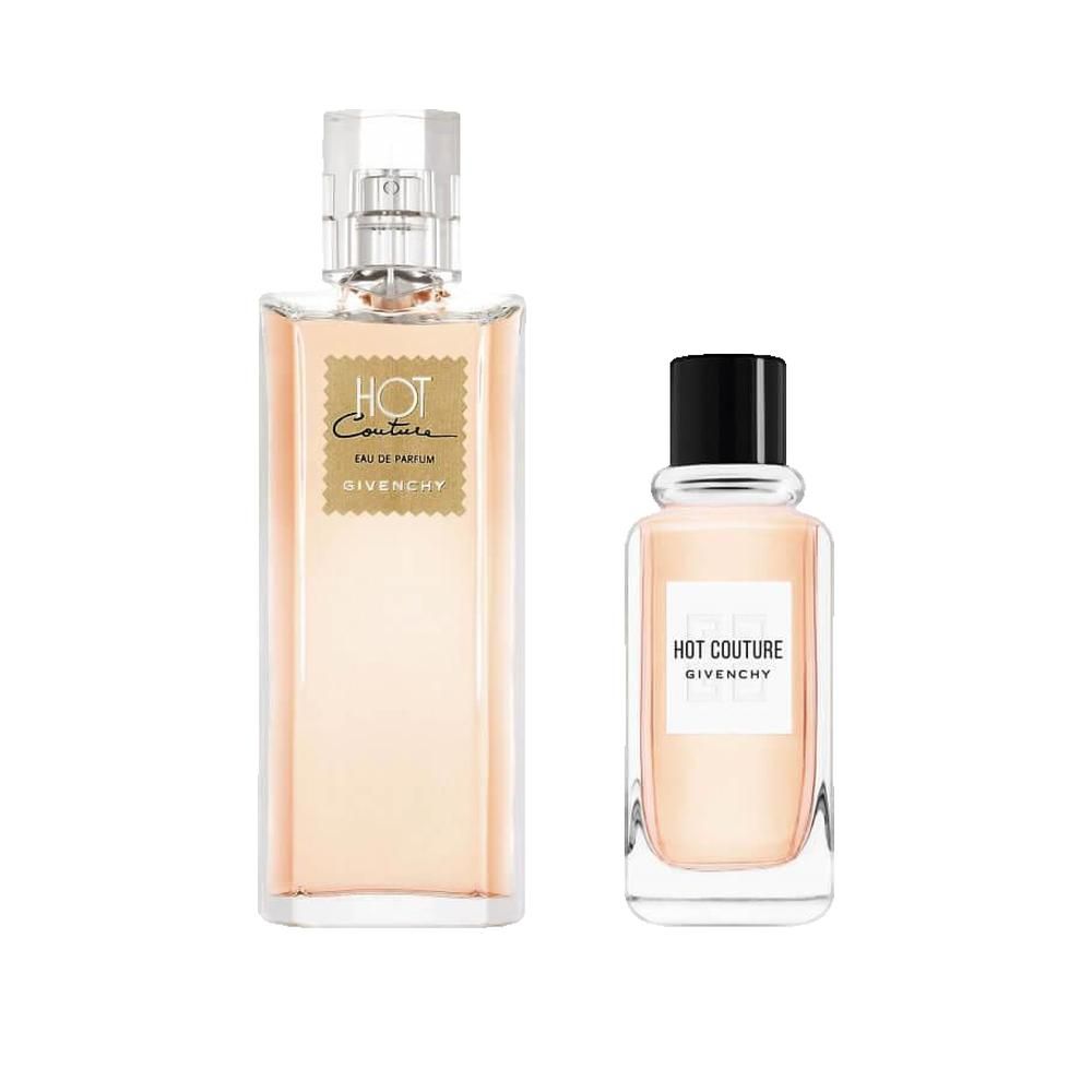 Twee flacons Givenchy Hot Couture. Een hoge, een kleine. Beide met opschrift Hot Couture en Givenchy. Transparante doppen.