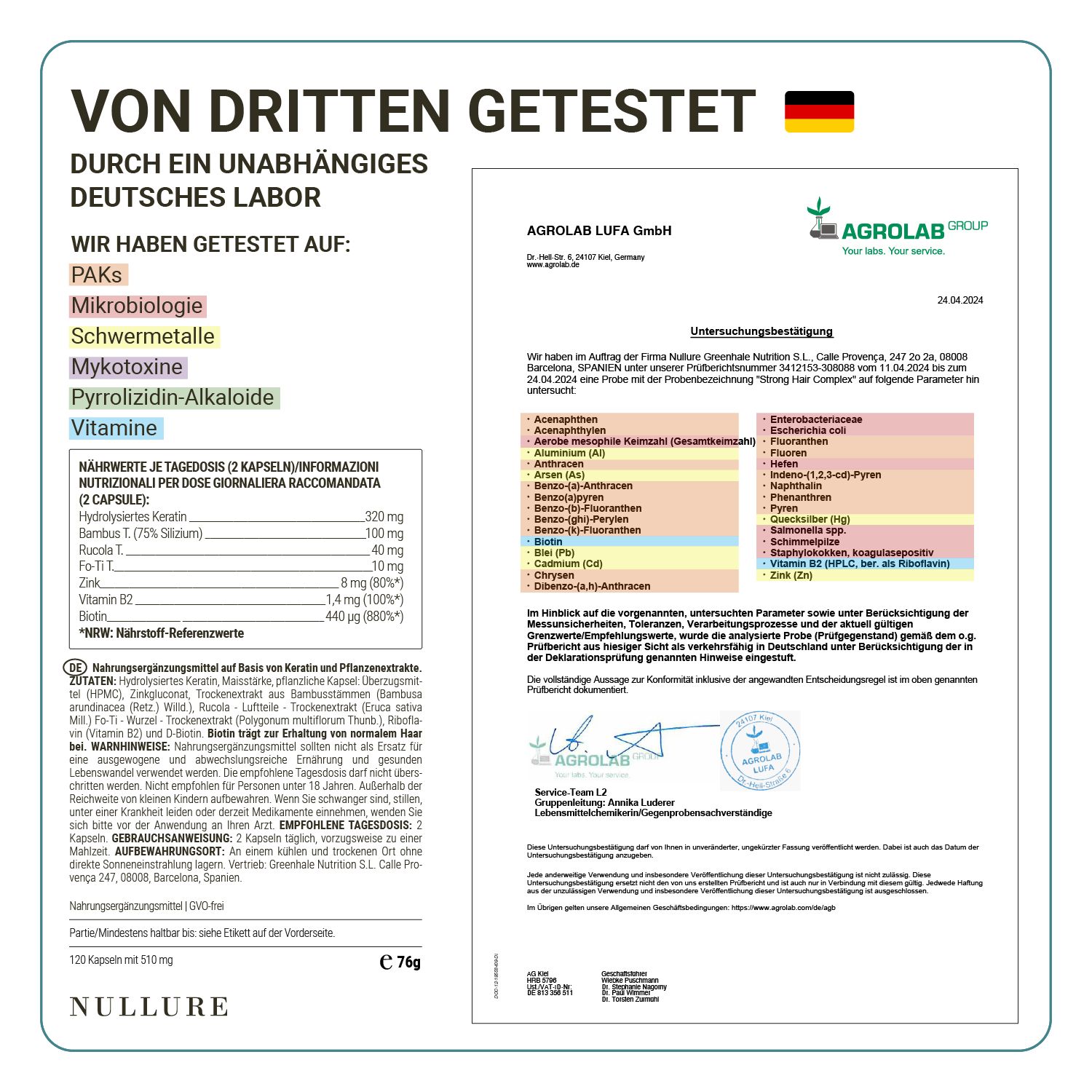 Certificaat van een Duits laboratorium. Analyseresultaten voor mycotoxinen, zware metalen, bacteriën, etc. Voedingswaarde voor 2 capsules. Nullure.