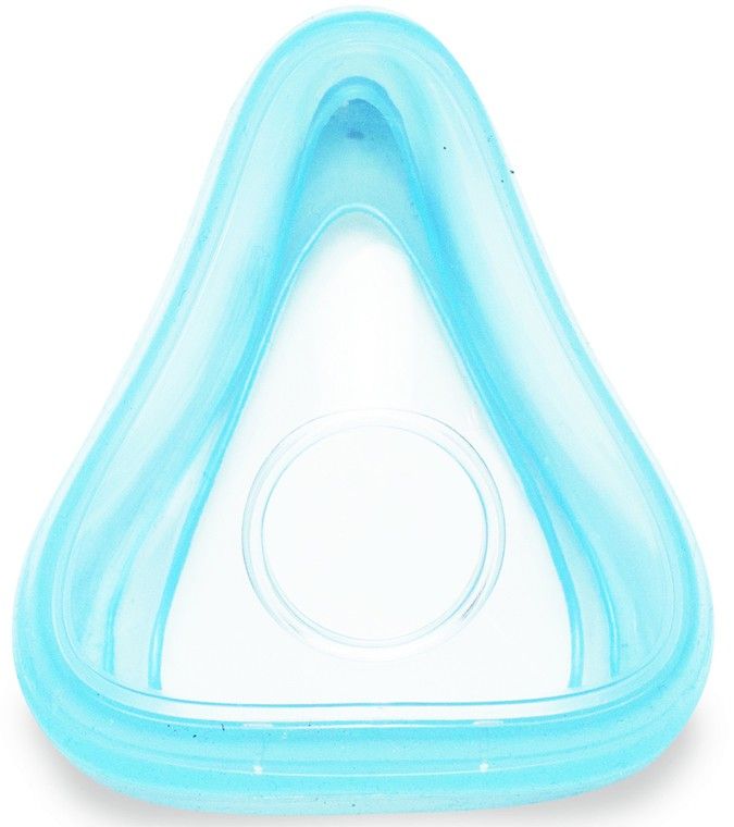 Coussin de masque bleu transparent pour masque facial complet. Forme triangulaire avec trou rond au centre.