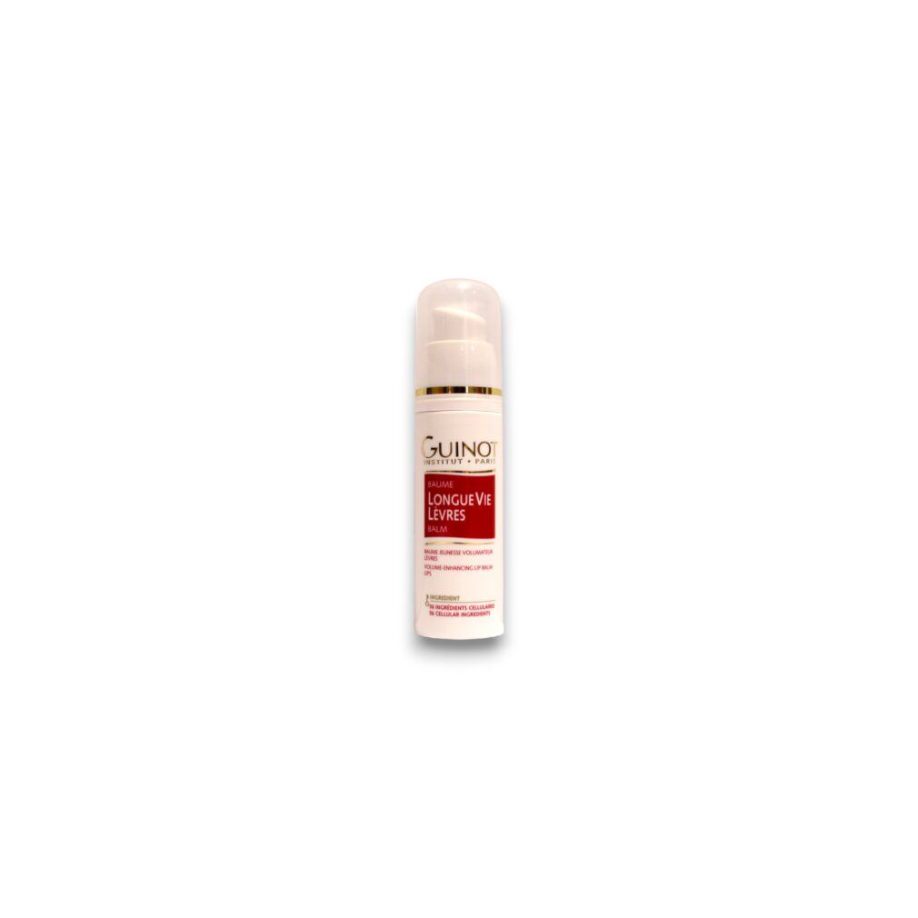 Witte dispenser met transparante dop. Opschrift: Guinot, Longue Vie Lèvres. Bevat lippenbalsem.