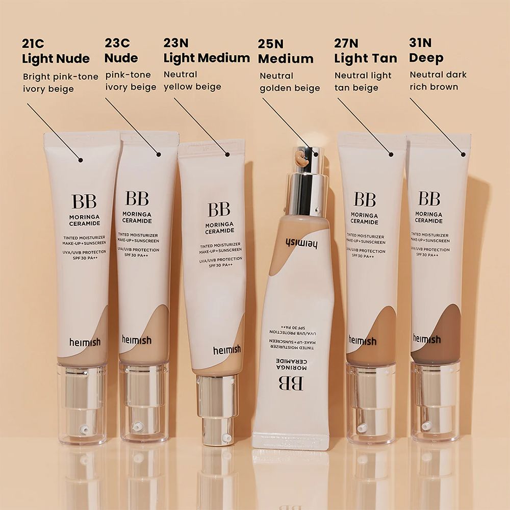 Six crèmes BB Moringa Ceramide dans différentes nuances, alignées côte à côte.