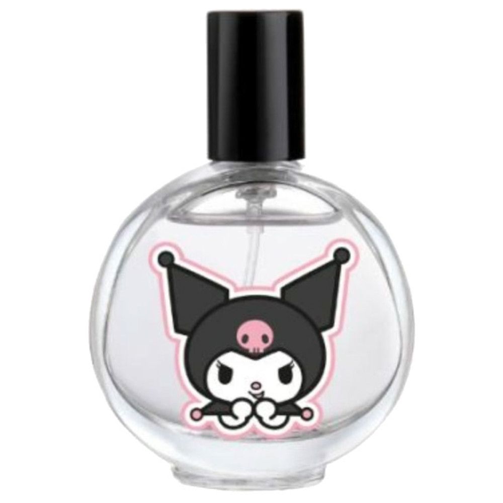 Flacon rond avec illustration Kuromi. Bouchon noir. Flacon transparent avec vaporisateur.