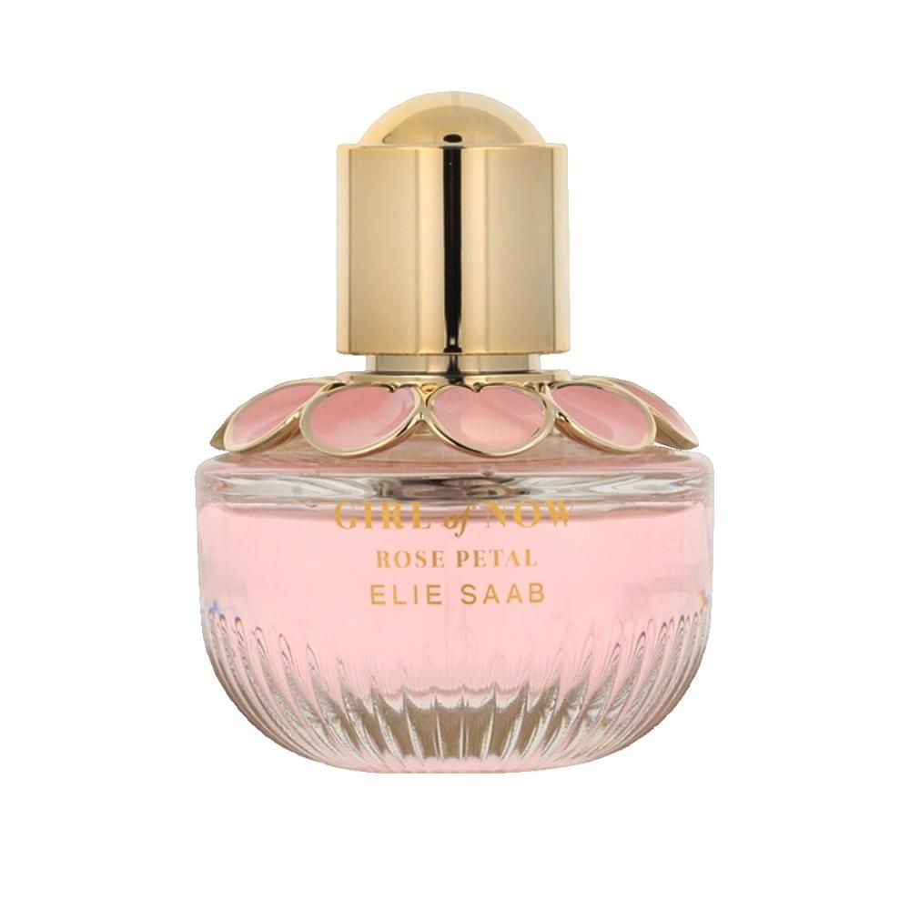 Flacon Elie Saab Girl of Now Rose Petal Eau de Parfum, bouchon doré, applications florales.