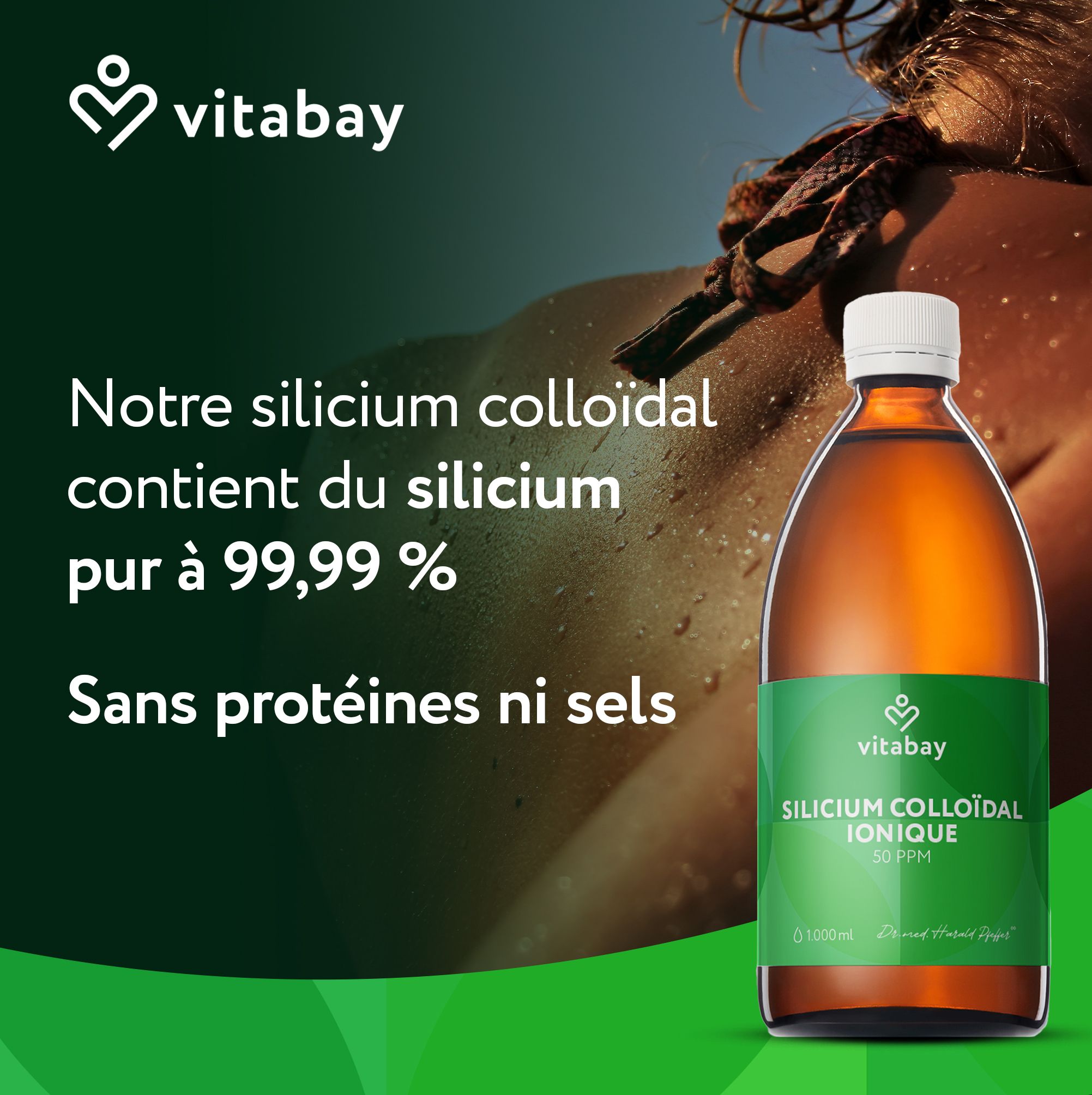 Bouteille en verre brun avec bouchon blanc, contenant un liquide clair. Étiquette verte avec 'vitabay SILICIUM COLLOIDAL IONIQUE'.