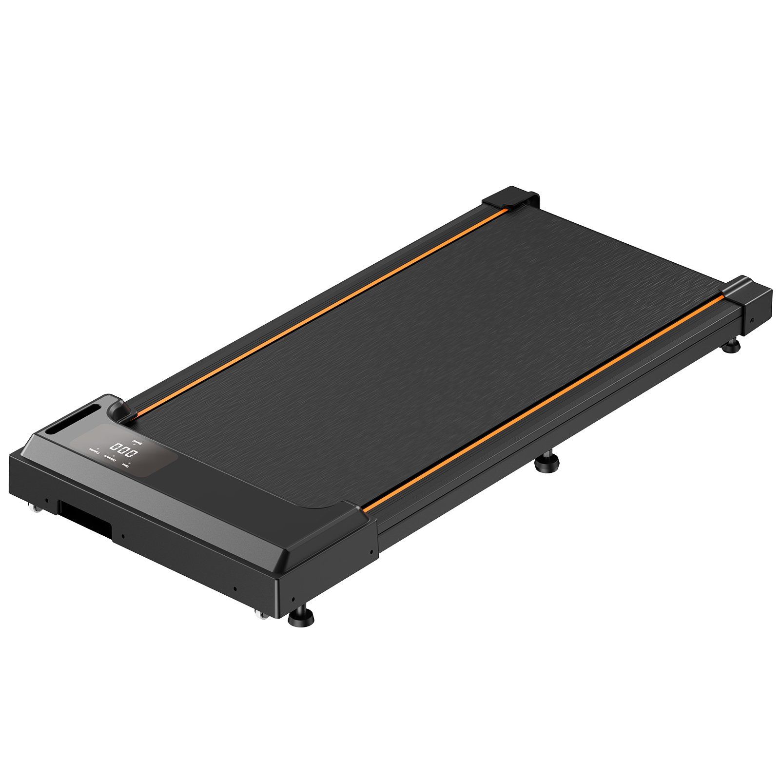 Compact zwart loopband met LED-display en oranje zijstrepen.