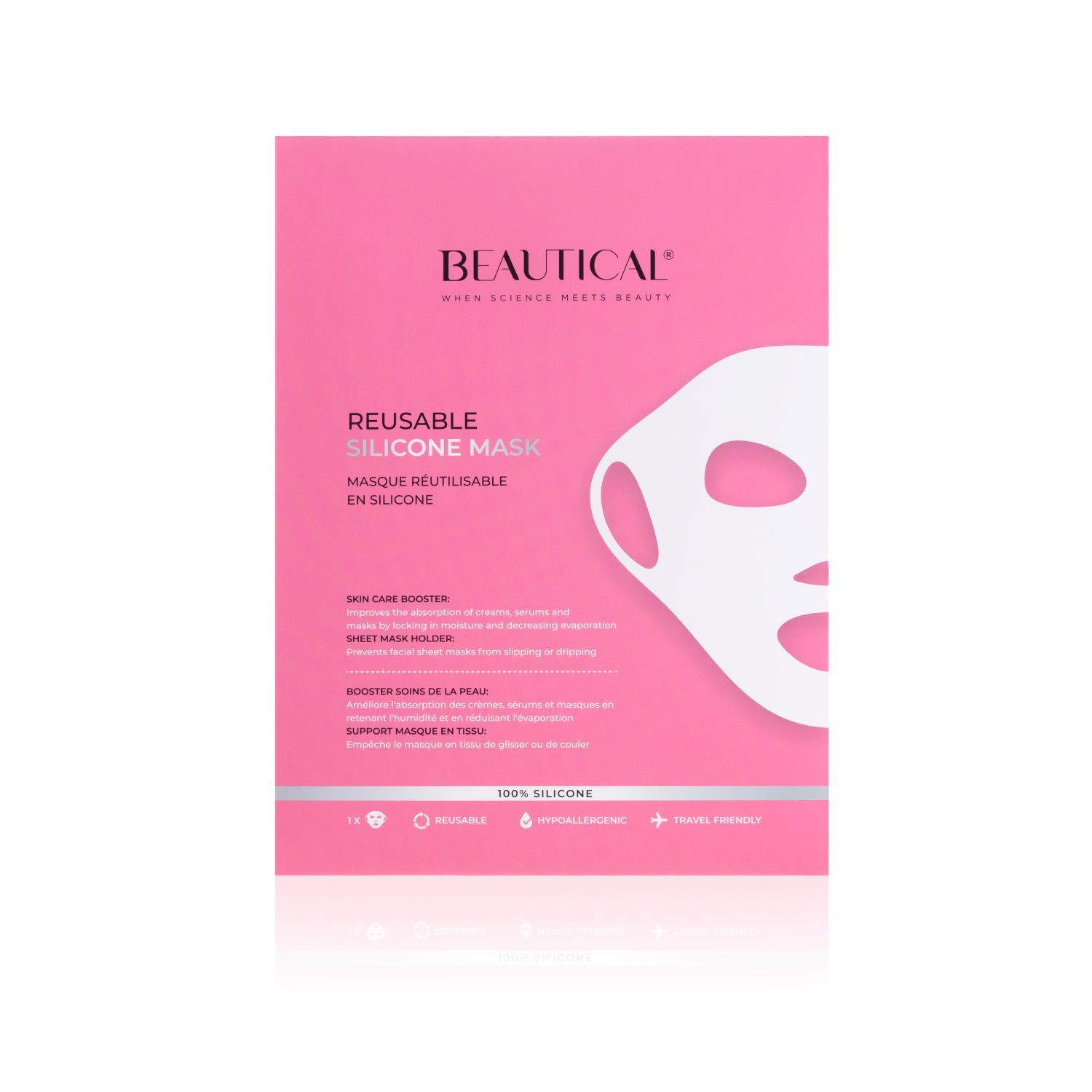 Roze verpakking met wit siliconen masker. Tekst: BEAUTICAL, REUSABLE SILICONE MASK. Productkenmerken worden vermeld.