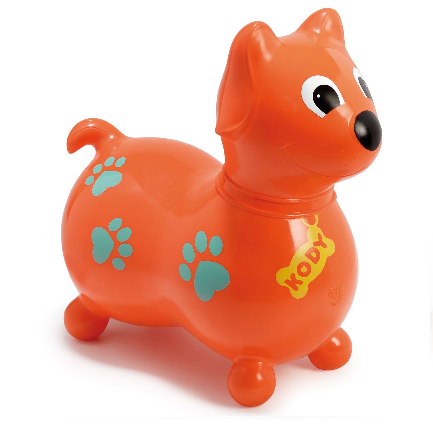 Gymnic KODY springdier hond, oranje, met blauwe pootafdrukken. Halsband met naamplaatje. Zwarte ogen, zwarte neus.