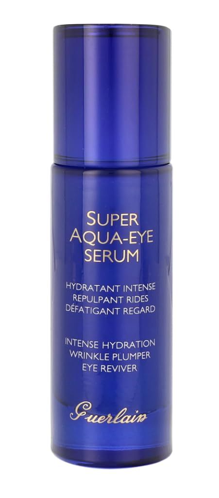Blauwe serumfles. Opschrift: Super Aqua-Eye Serum, Hydratant Intense, Repulpant Rides, Défatigant Regard. Merk: Guerlain.