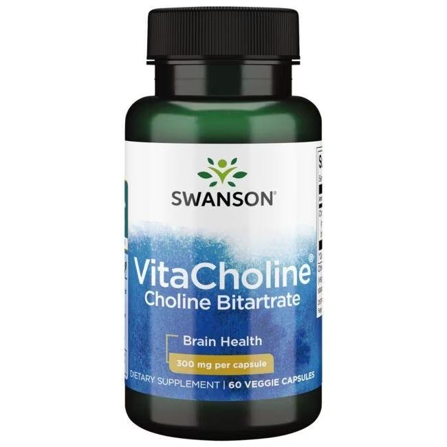 Flacon vert avec bouchon noir. Inscription: SWANSON VitaCholine Choline Bitartrate, 300 mg par capsule. 60 capsules.