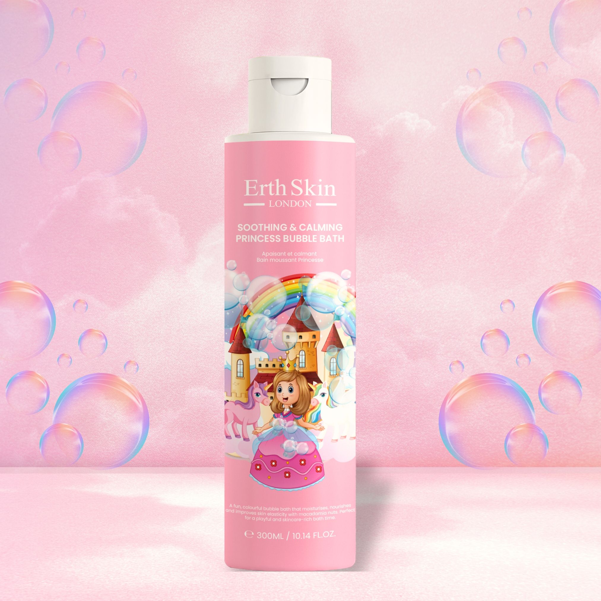 Bouteille Erth Skin London Princess Bubble Bath avec motif de princesse et arc-en-ciel.