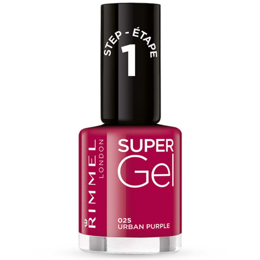 Vernis à ongles Rimmel Super Gel Urban Purple. Bouchon noir avec 1 blanc. Inscription : Super Gel, Rimmel London, 025.