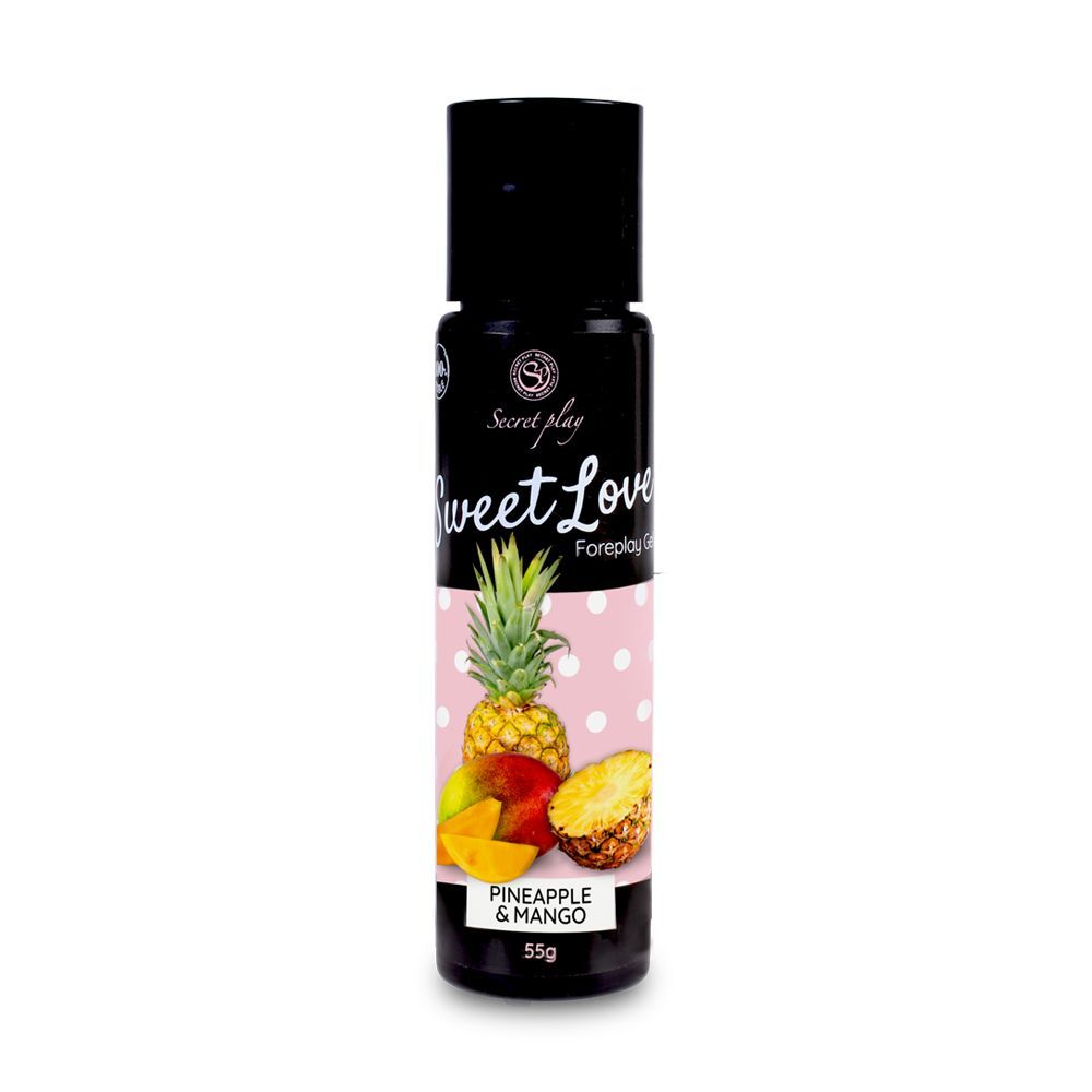 Massagegel met ananas- en mangogeur. Zwarte fles met fruitmotief.