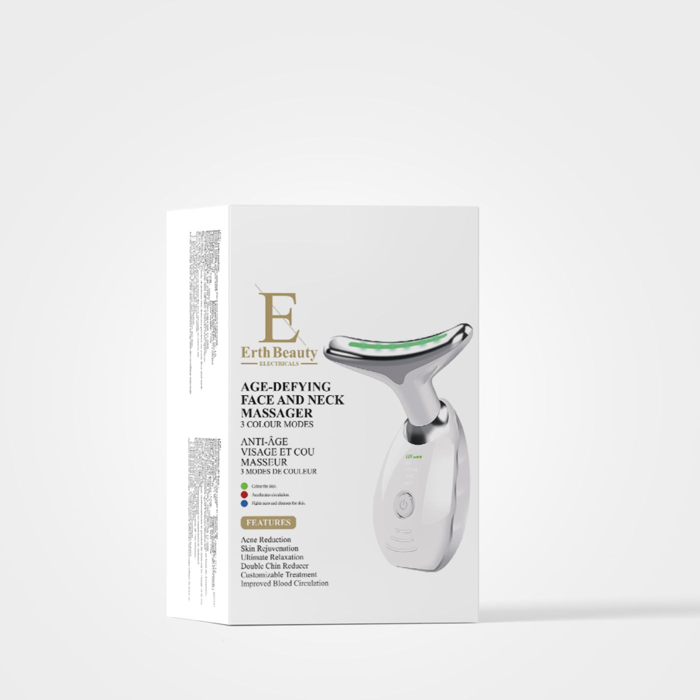 Witte gezichts- en nekmassager in een witte verpakking. Op de verpakking staat "Erth Beauty" en "Age-Defying Face and Neck Massager".