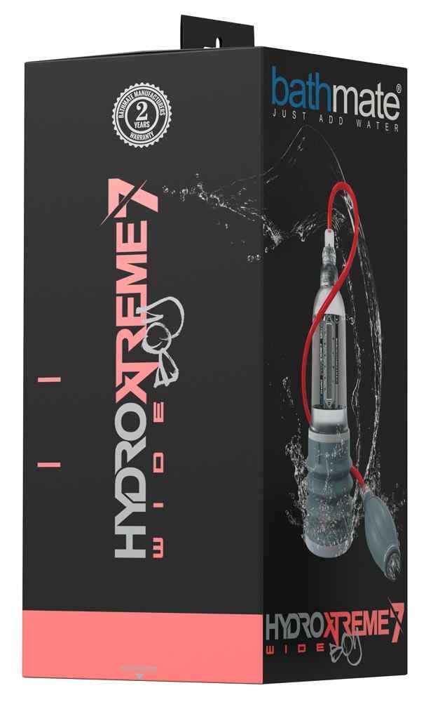Verpakking Bathmate HydroXtreme7 Clear Wide Boy met productafbeelding en 2 jaar garantie.