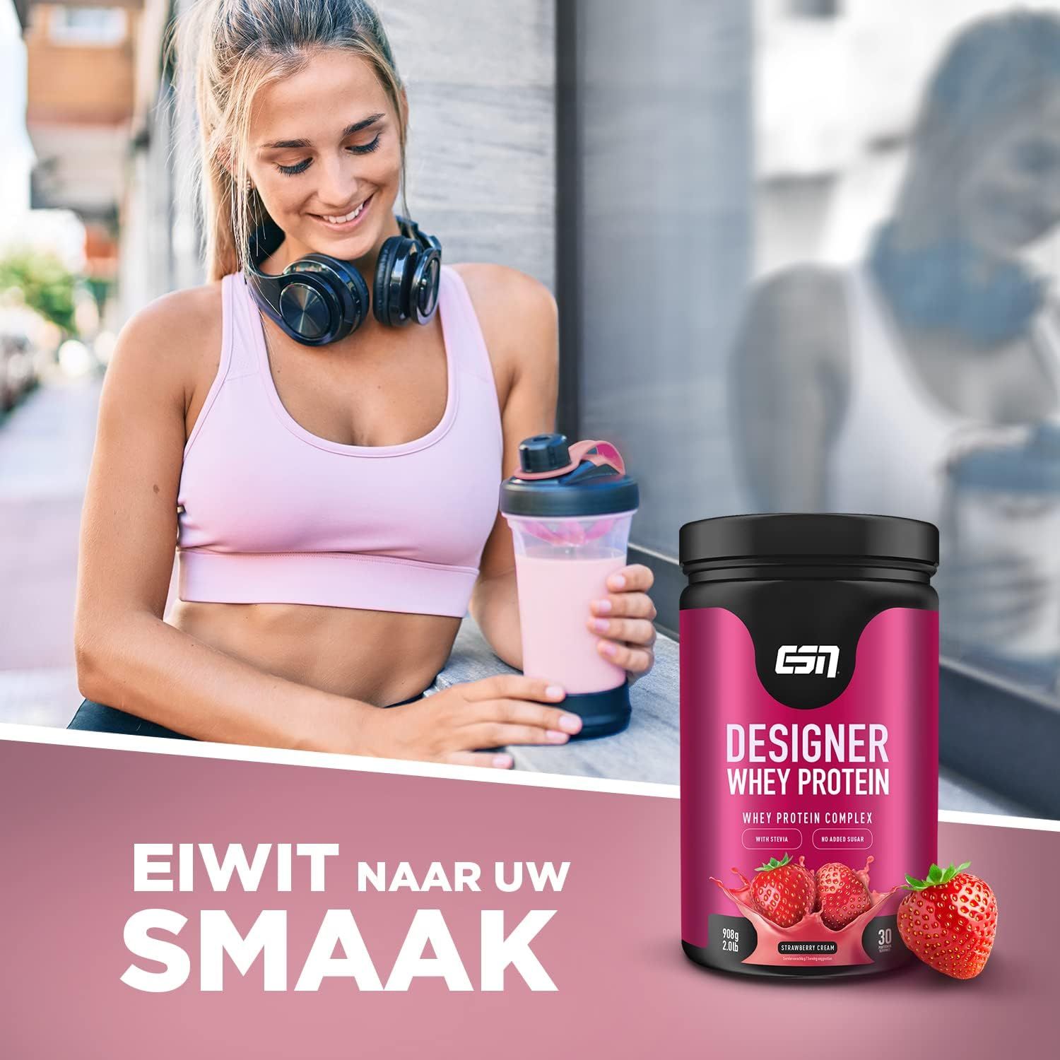 ESN Designer Whey Protein omringd door iconen: Zonder Aspartaam, GMO-vrij, Gemaakt in Duitsland, Laboratorium getest, Premium kwaliteit.