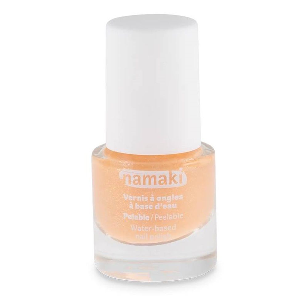 Flacon de vernis à ongles avec bouchon blanc. Inscription: namaki, Vernis à ongles à base d'eau, Peelable, Water-based nail polish.