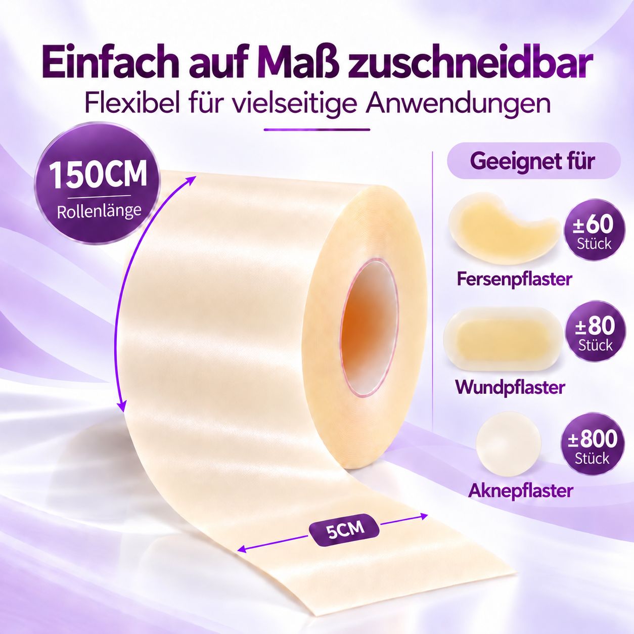 Rouleau de pansement hydrocolloïde, 150 cm de long, 5 cm de large, à découper.