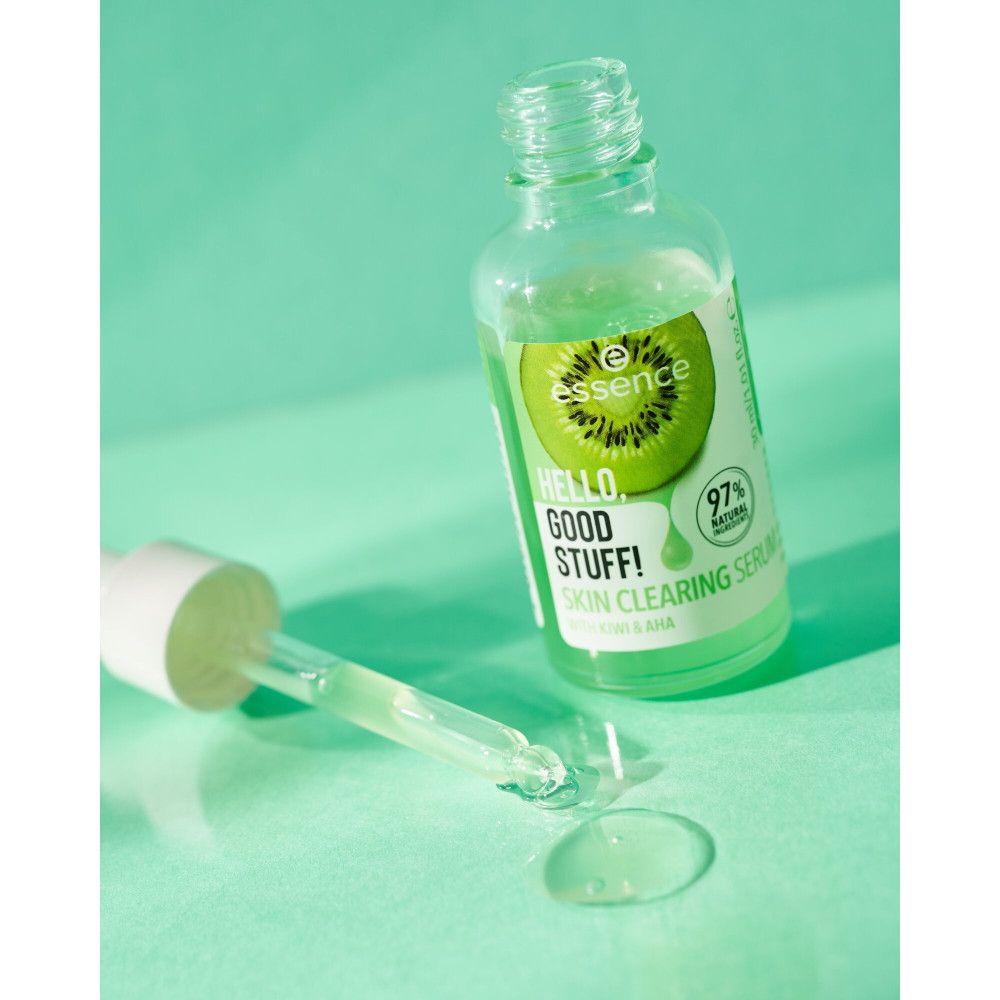 Flacon vert avec pipette et sérum. Inscription : Essence, Hello, Good Stuff!, Skin Clearing Serum. Illustration de kiwi.