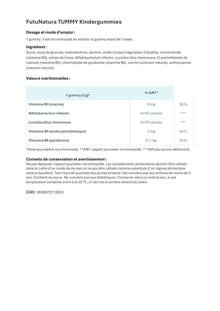 Document texte avec informations sur FutuNatura Tummy Kindergummies. Contient ingrédients, valeurs nutritionnelles et avertissements.