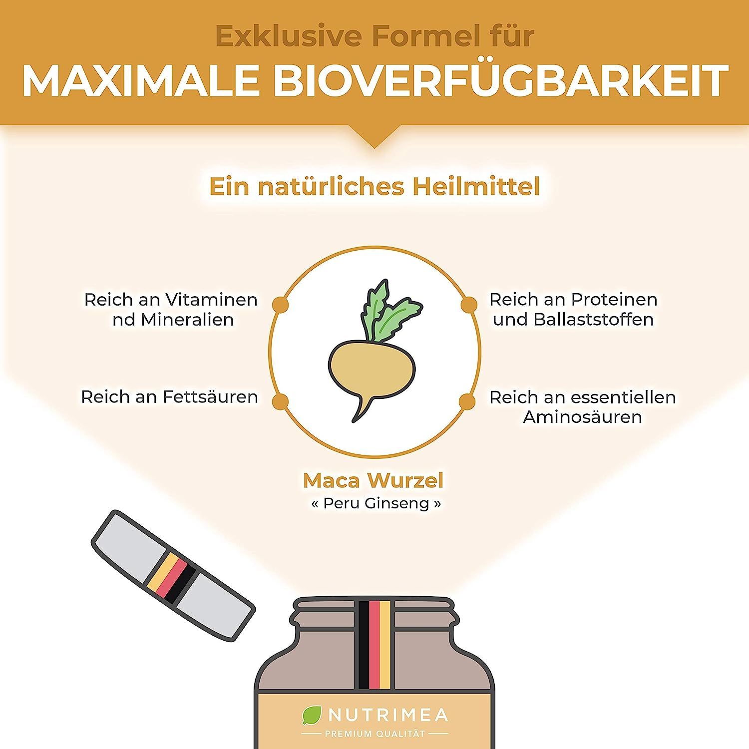 Grafiek met ingrediënten. Tekst: Rijk aan vitaminen, eiwitten, vetzuren, essentiële aminozuren. Macawortel.