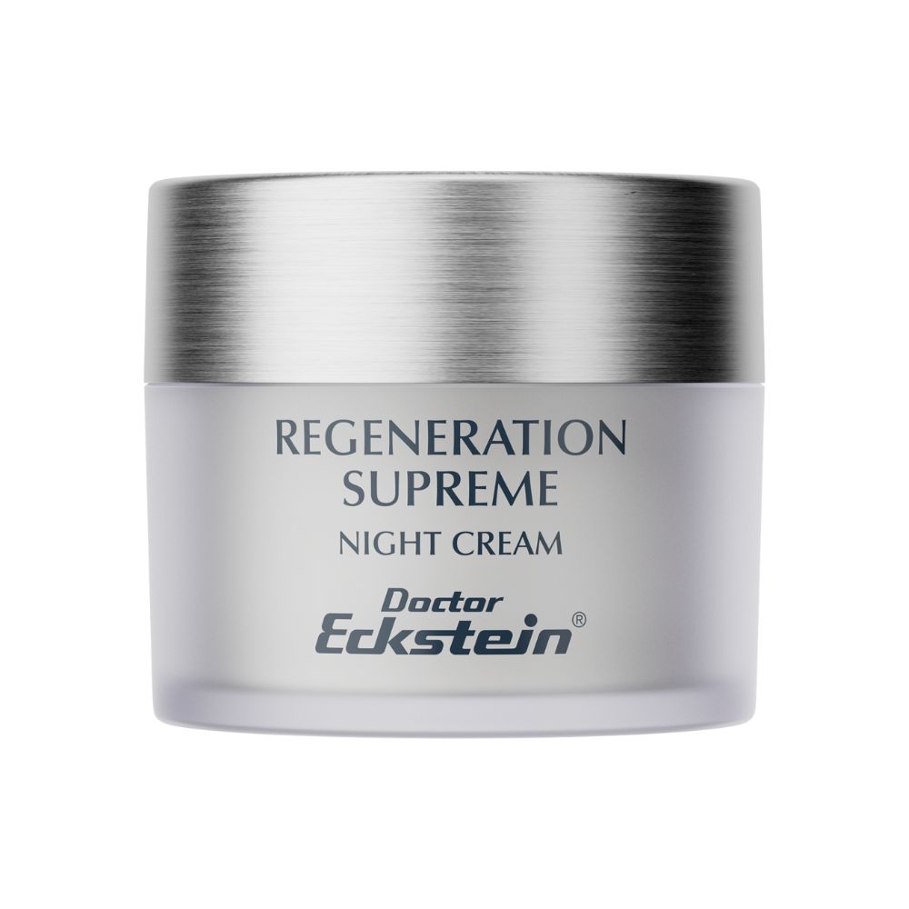 Pot de crème avec couvercle argenté. Inscription : Regeneration Supreme Night Cream. Marque : Doctor Eckstein.