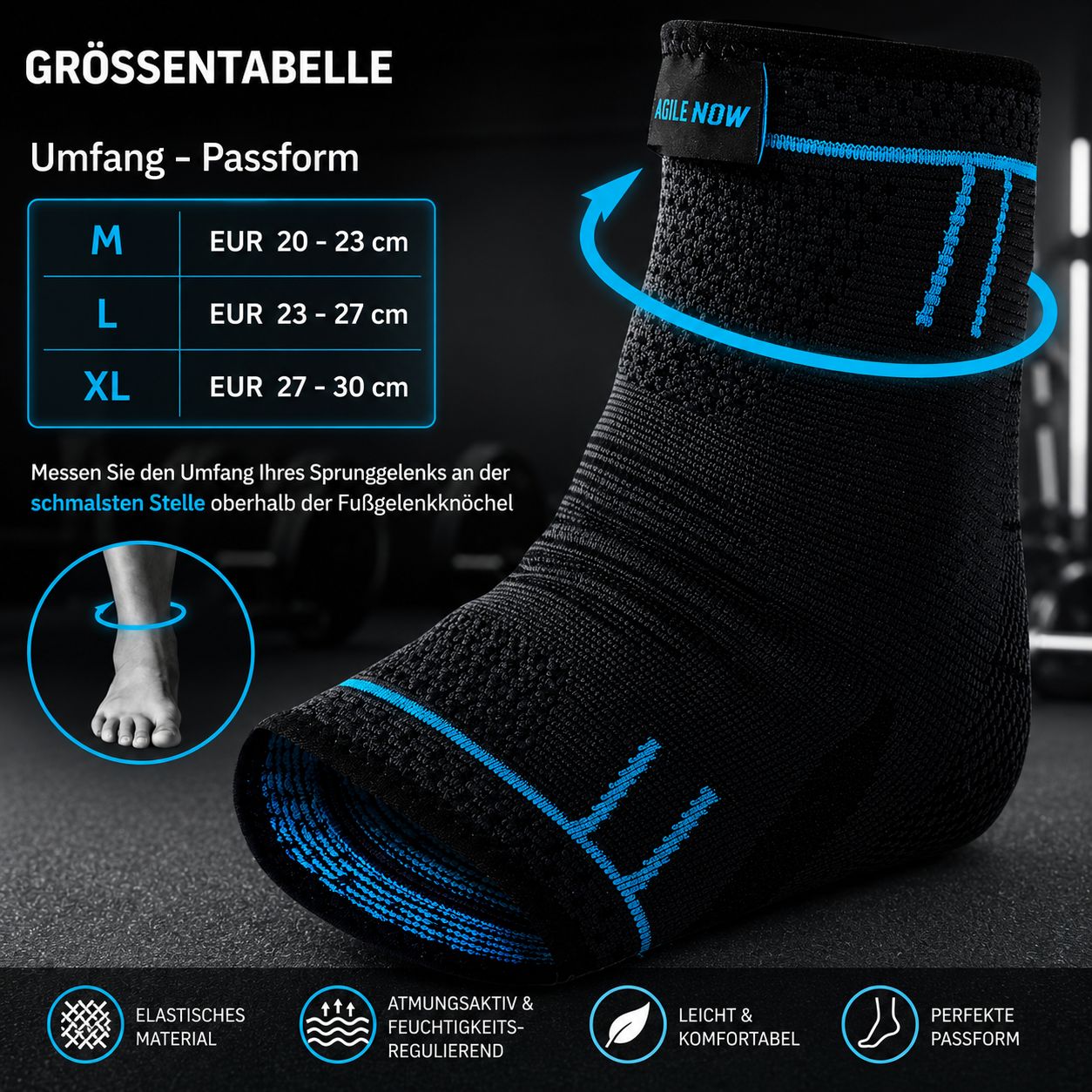Zwarte enkelbrace met maattabel. Maten: M, L, XL. Tekst: AGILE NOW.