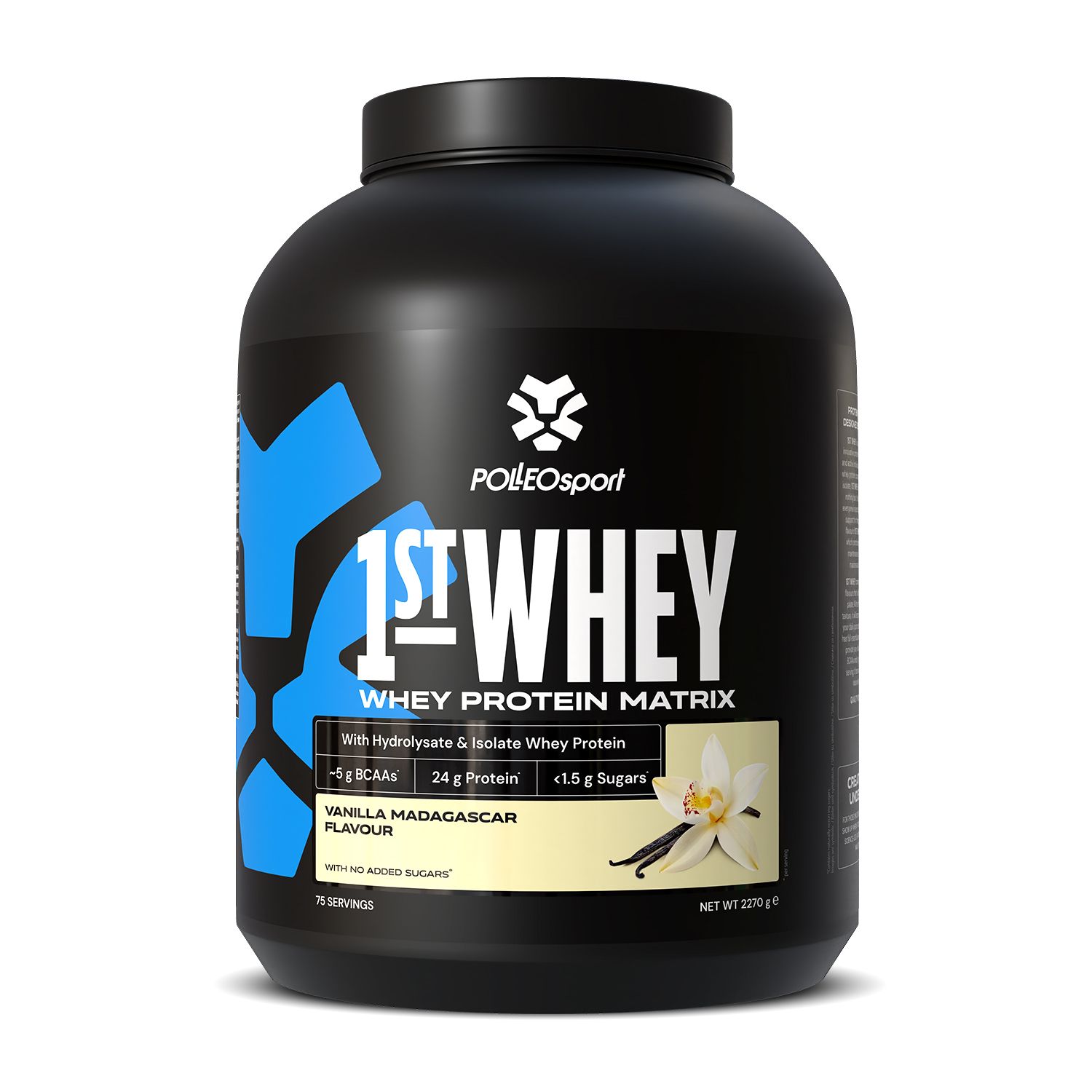Contenant noir avec PolleoSport 1st Whey Protein Matrix, saveur vanille.