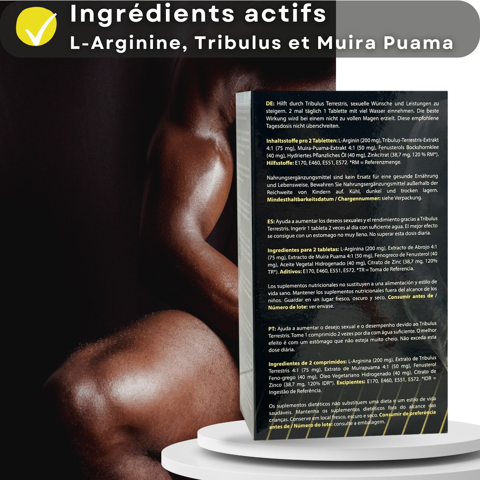 Boîte avec inscription PENIS XL. Ingrédients: L-Arginine, Tribulus, Muira Puama. Texte en allemand, anglais et portugais.