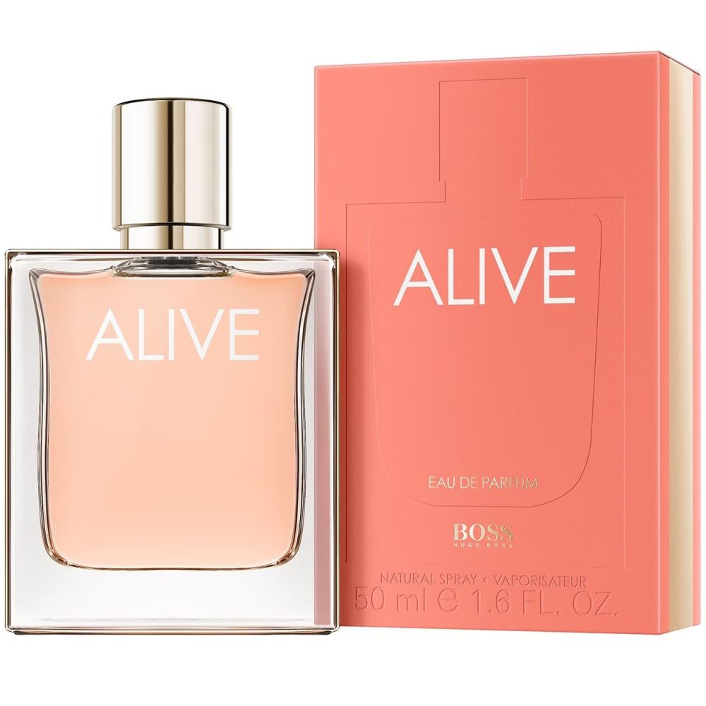 Parfumfles en verpakking. Fles met "ALIVE". Roze verpakking met "ALIVE" en "BOSS".