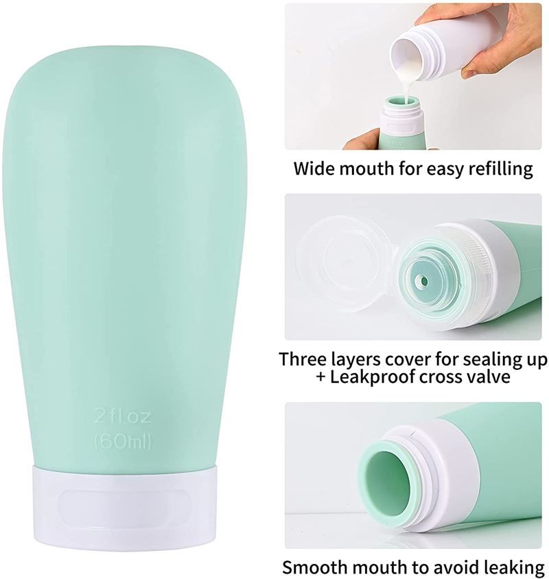 Flacon de voyage vert avec couvercle blanc. Texte : 2 fl oz (60 ml). Illustrations : ouverture large, triple couche, ouverture lisse.